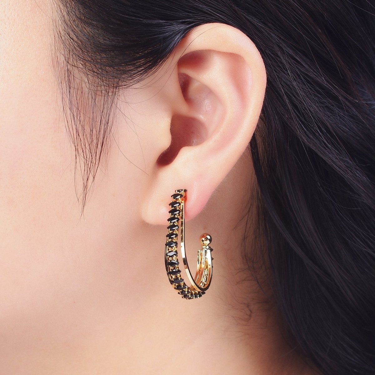 24K Gold Filled Marquise Cubic Zirconia Multiple Band J-Hoop Stud Earrings