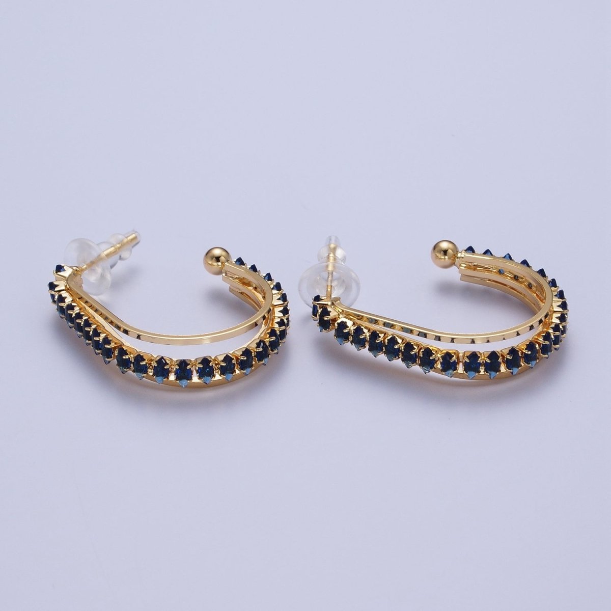 24K Gold Filled Marquise Cubic Zirconia Multiple Band J-Hoop Stud Earrings