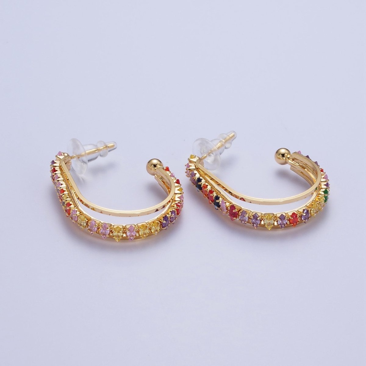 24K Gold Filled Marquise Cubic Zirconia Multiple Band J-Hoop Stud Earrings