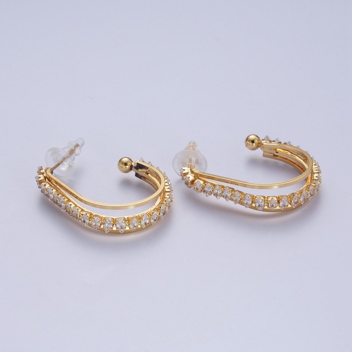 24K Gold Filled Marquise Cubic Zirconia Multiple Band J-Hoop Stud Earrings