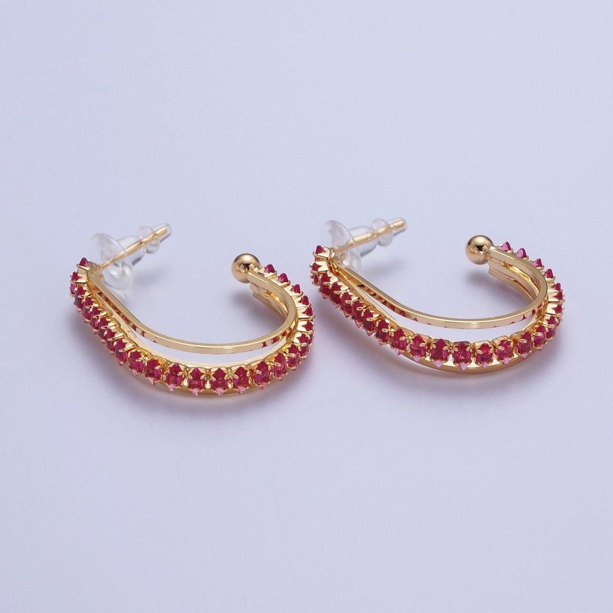 24K Gold Filled Marquise Cubic Zirconia Multiple Band J-Hoop Stud Earrings