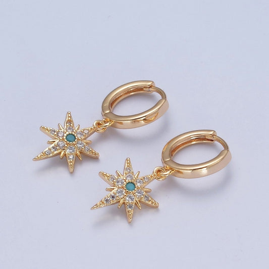 24K Gold Filled Micro Pave Clear CZ Turquoise Celestial Star Charm Dangle Drop Earrings