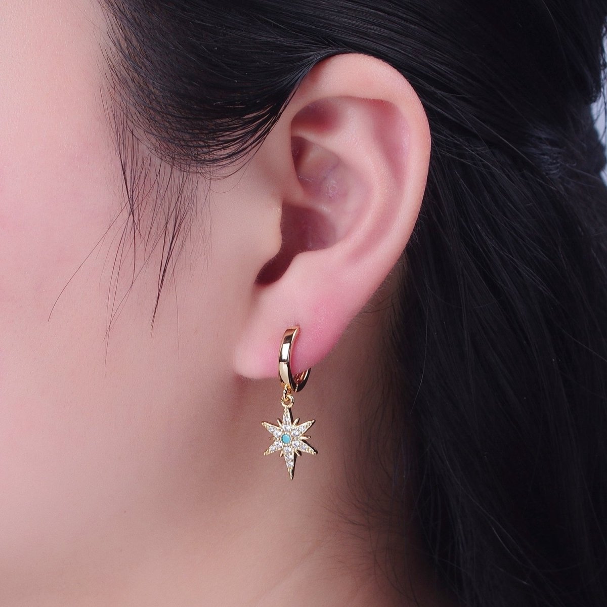 24K Gold Filled Micro Pave Clear CZ Turquoise Celestial Star Charm Dangle Drop Earrings
