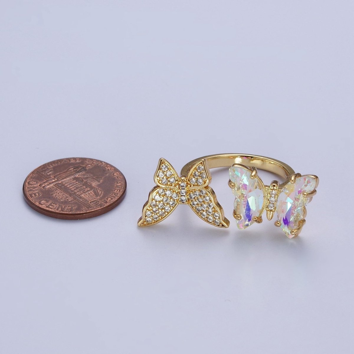 24K Gold Filled Micro Pave Cubic Zirconia Butterfly & Acrylic Mariposa Double Butterfly Open Ring