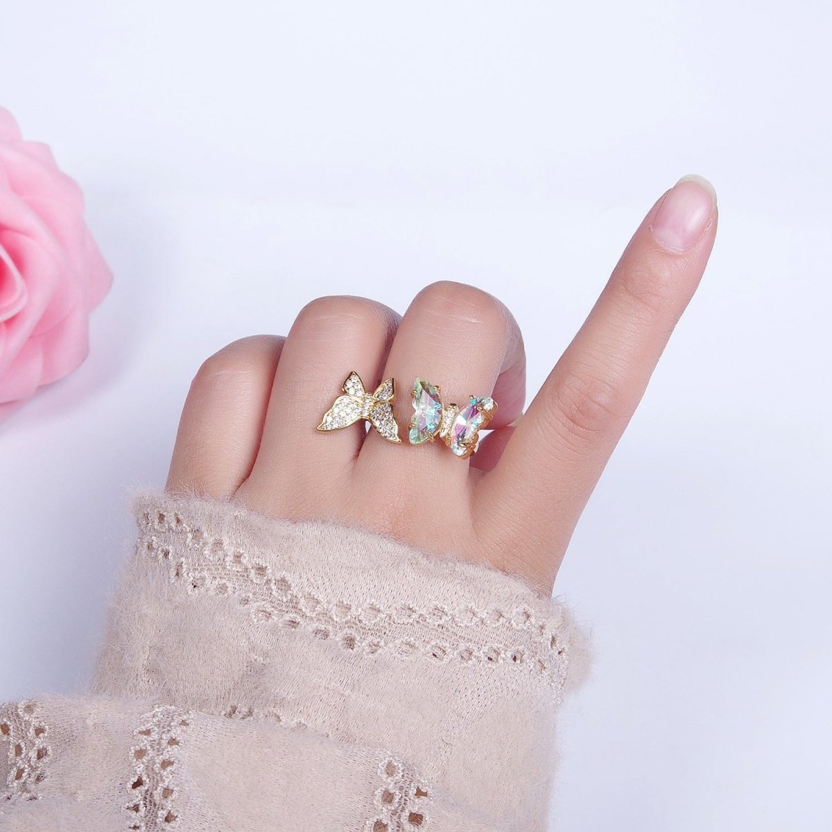 24K Gold Filled Micro Pave Cubic Zirconia Butterfly & Acrylic Mariposa Double Butterfly Open Ring