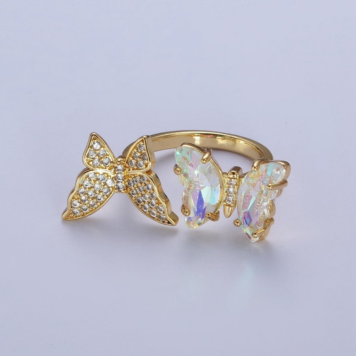 24K Gold Filled Micro Pave Cubic Zirconia Butterfly & Acrylic Mariposa Double Butterfly Open Ring
