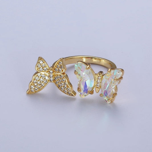 24K Gold Filled Micro Pave Cubic Zirconia Butterfly & Acrylic Mariposa Double Butterfly Open Ring