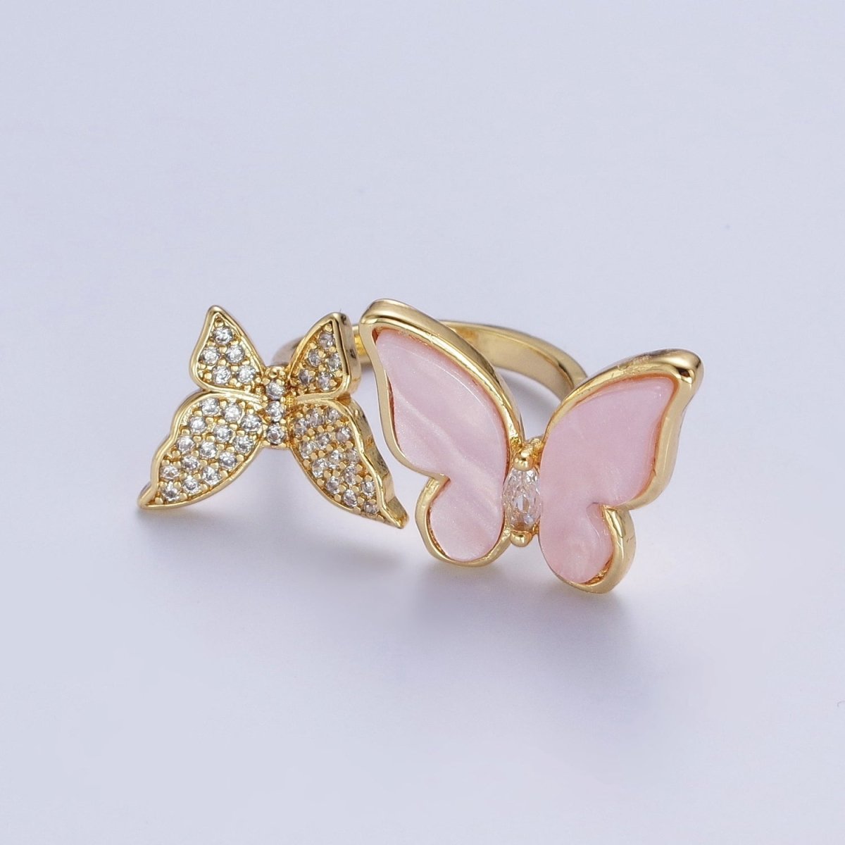24K Gold-Filled Micro Pave Cubic Zirconia Butterfly & Shell Mariposa Double Insect Butterfly Open Ring