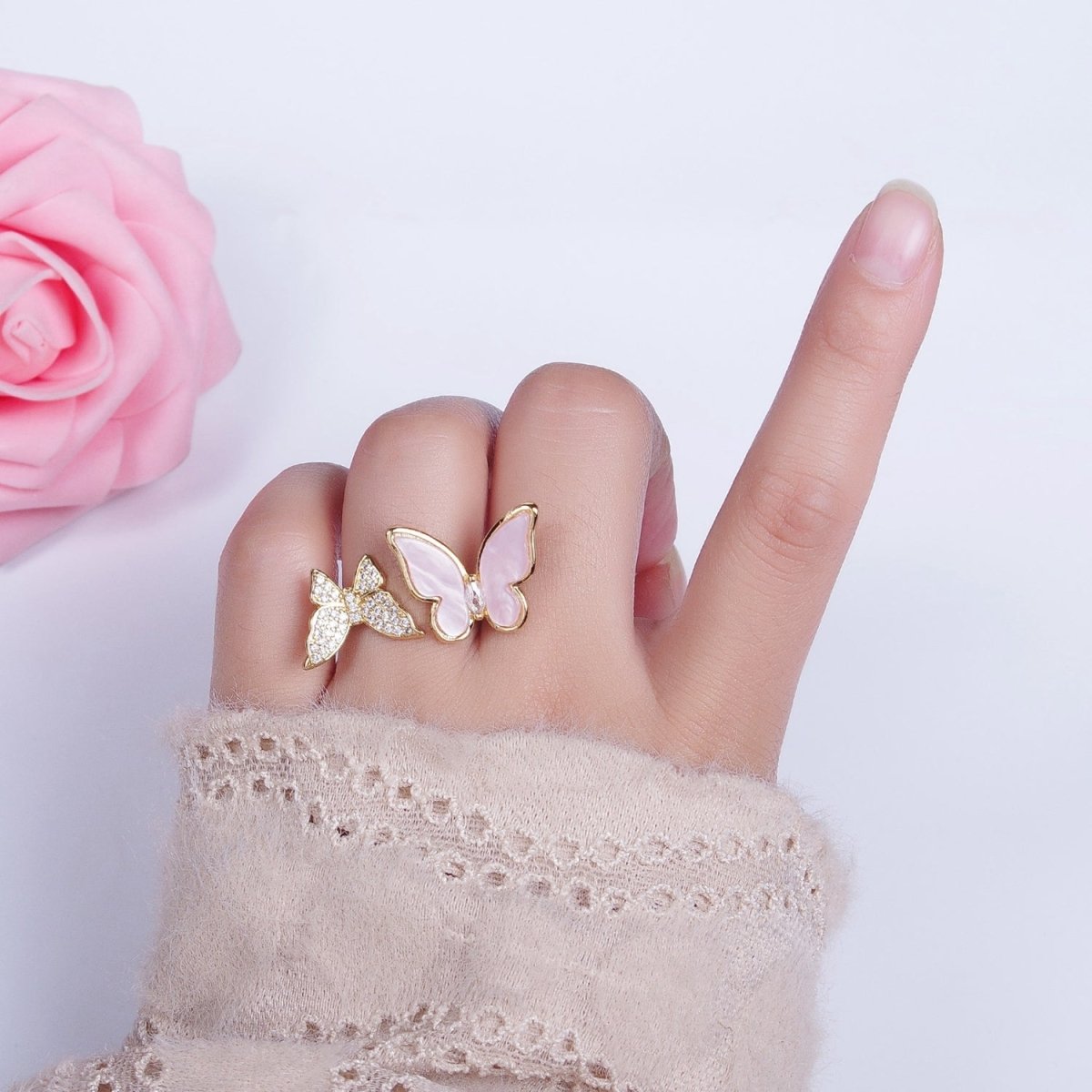 24K Gold-Filled Micro Pave Cubic Zirconia Butterfly & Shell Mariposa Double Insect Butterfly Open Ring