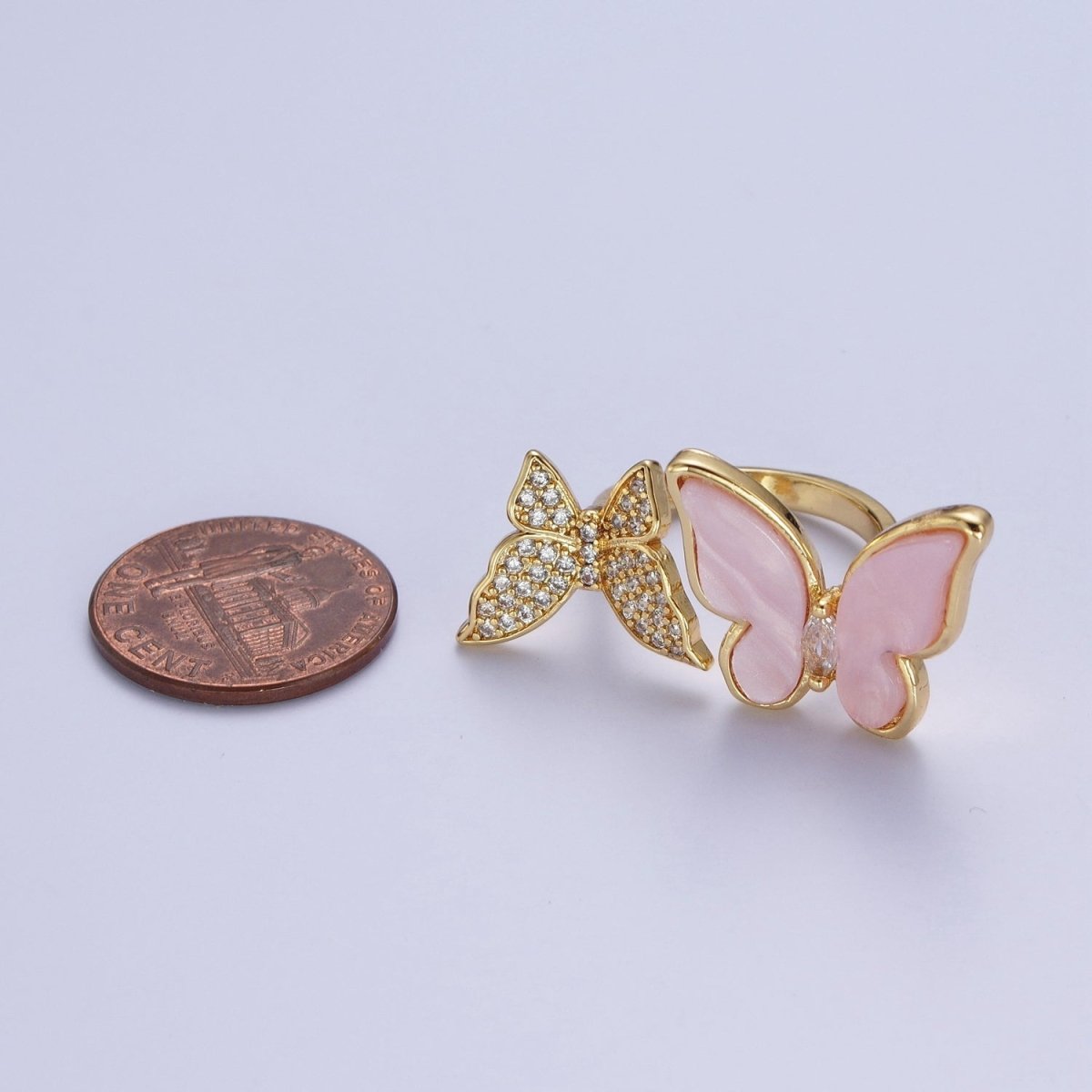 24K Gold-Filled Micro Pave Cubic Zirconia Butterfly & Shell Mariposa Double Insect Butterfly Open Ring