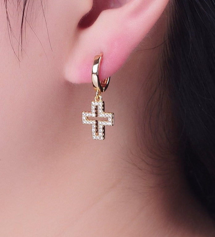 Minimalist Everyday 24K Gold-Filled Micro Pave Cubic Zirconia Religious Cross Charm Dangle Huggie Hoop Earrings