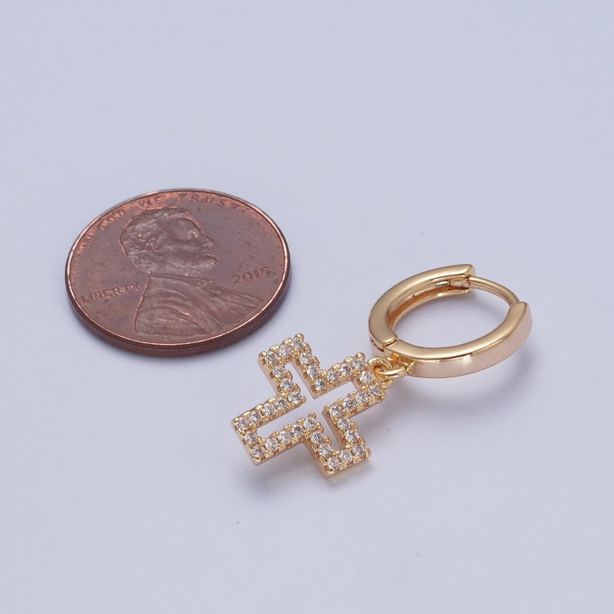 Minimalist Everyday 24K Gold-Filled Micro Pave Cubic Zirconia Religious Cross Charm Dangle Huggie Hoop Earrings