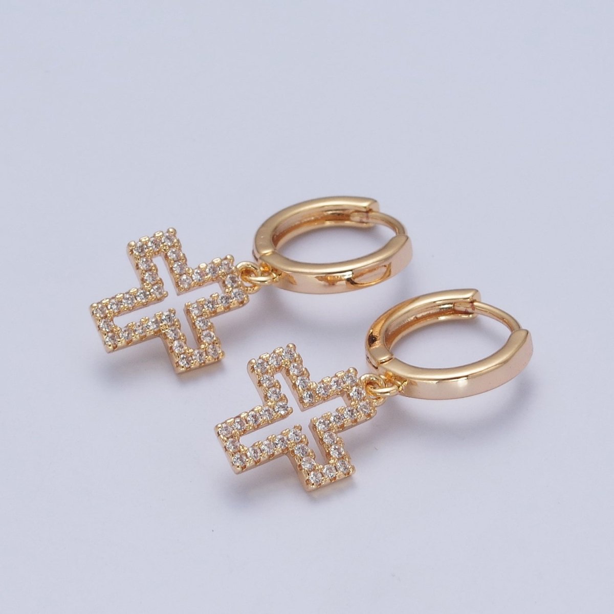 Minimalist Everyday 24K Gold-Filled Micro Pave Cubic Zirconia Religious Cross Charm Dangle Huggie Hoop Earrings