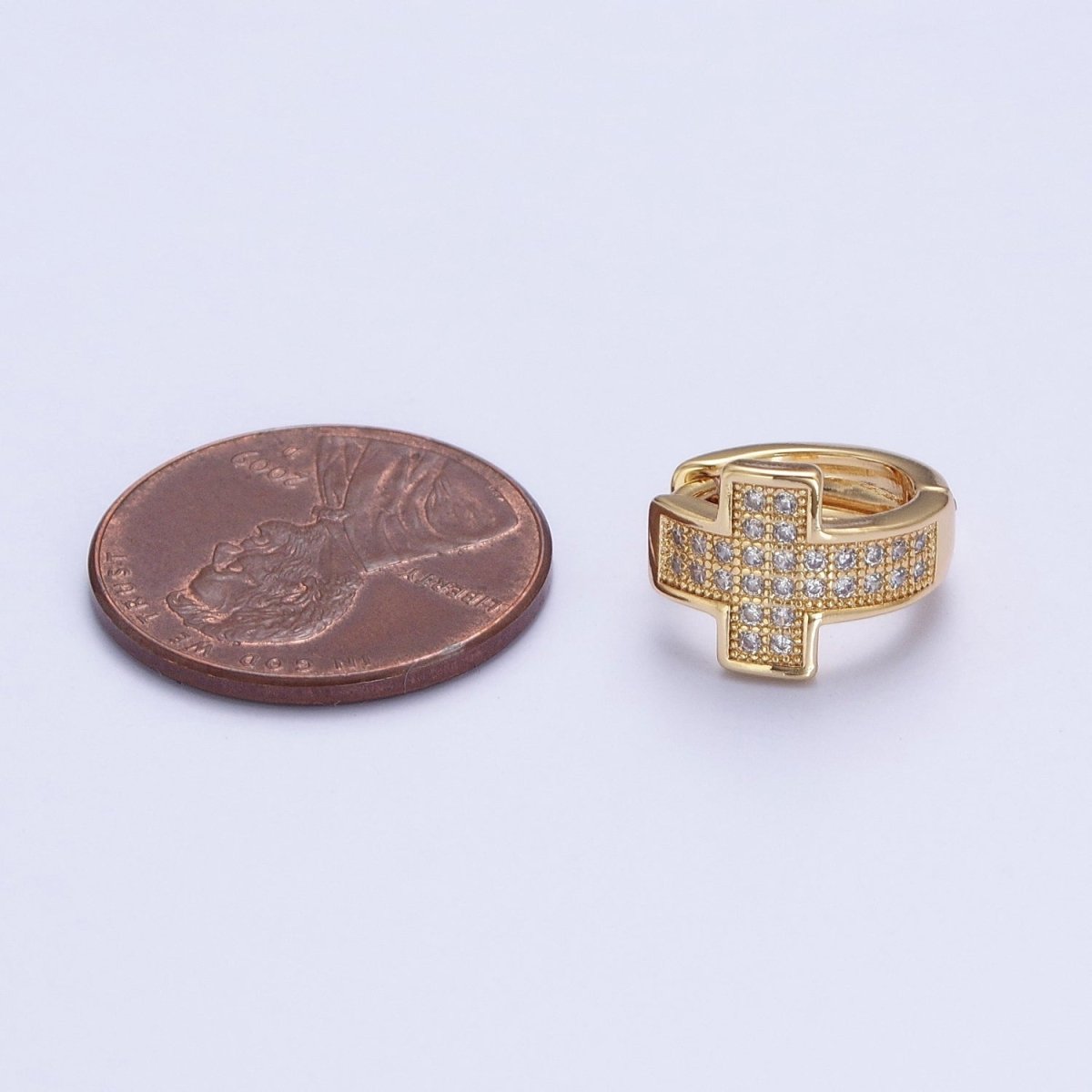 Sweet 24K Gold Filled Micro Pave Cubic Zirconia Religious Cross Huggie Hoop Earrings
