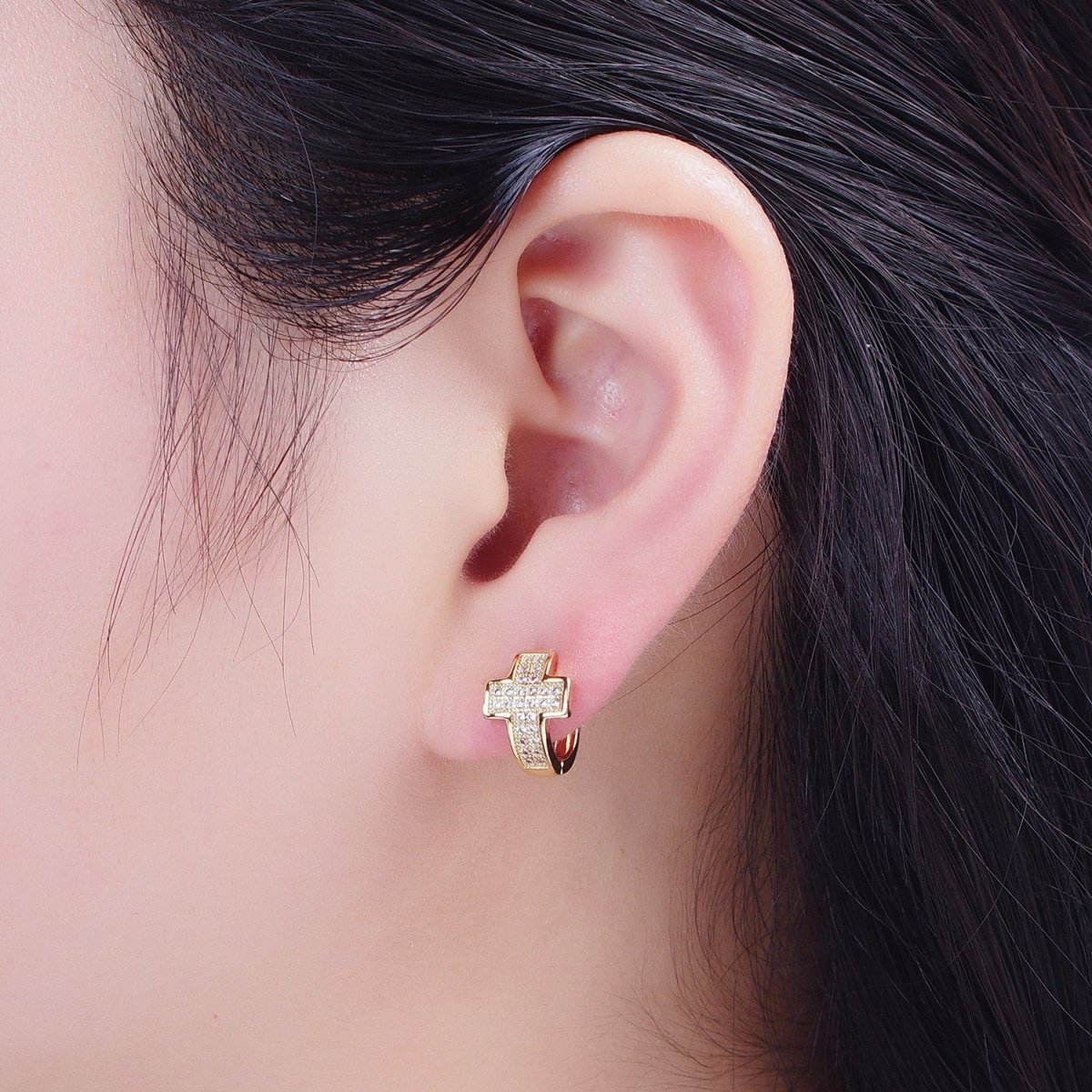 Sweet 24K Gold Filled Micro Pave Cubic Zirconia Religious Cross Huggie Hoop Earrings