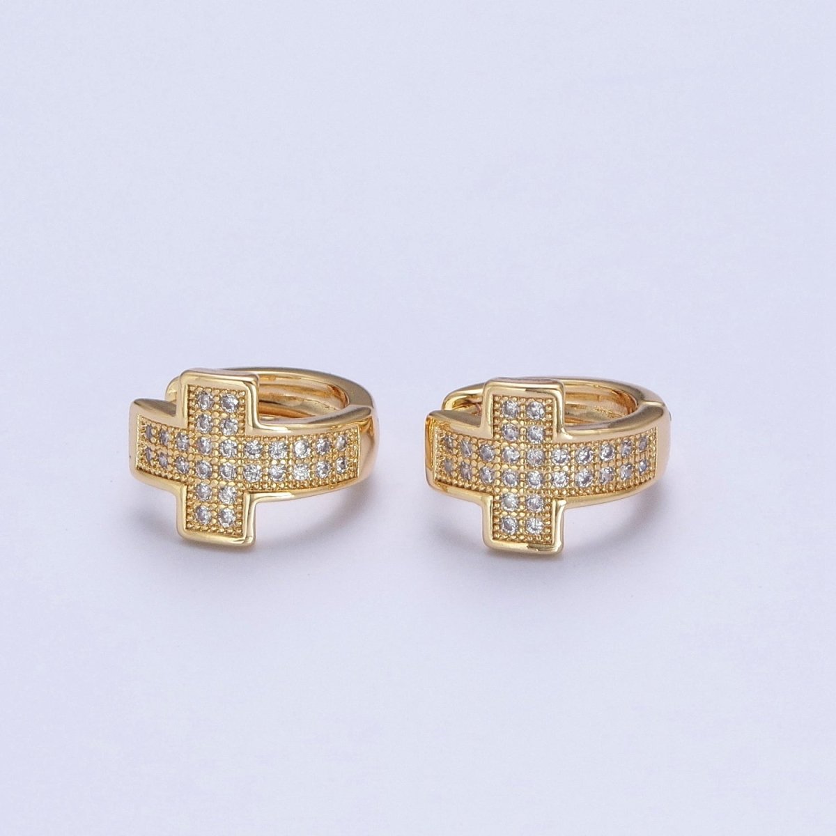 Sweet 24K Gold Filled Micro Pave Cubic Zirconia Religious Cross Huggie Hoop Earrings