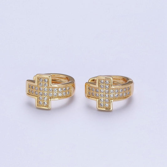 Sweet 24K Gold Filled Micro Pave Cubic Zirconia Religious Cross Huggie Hoop Earrings