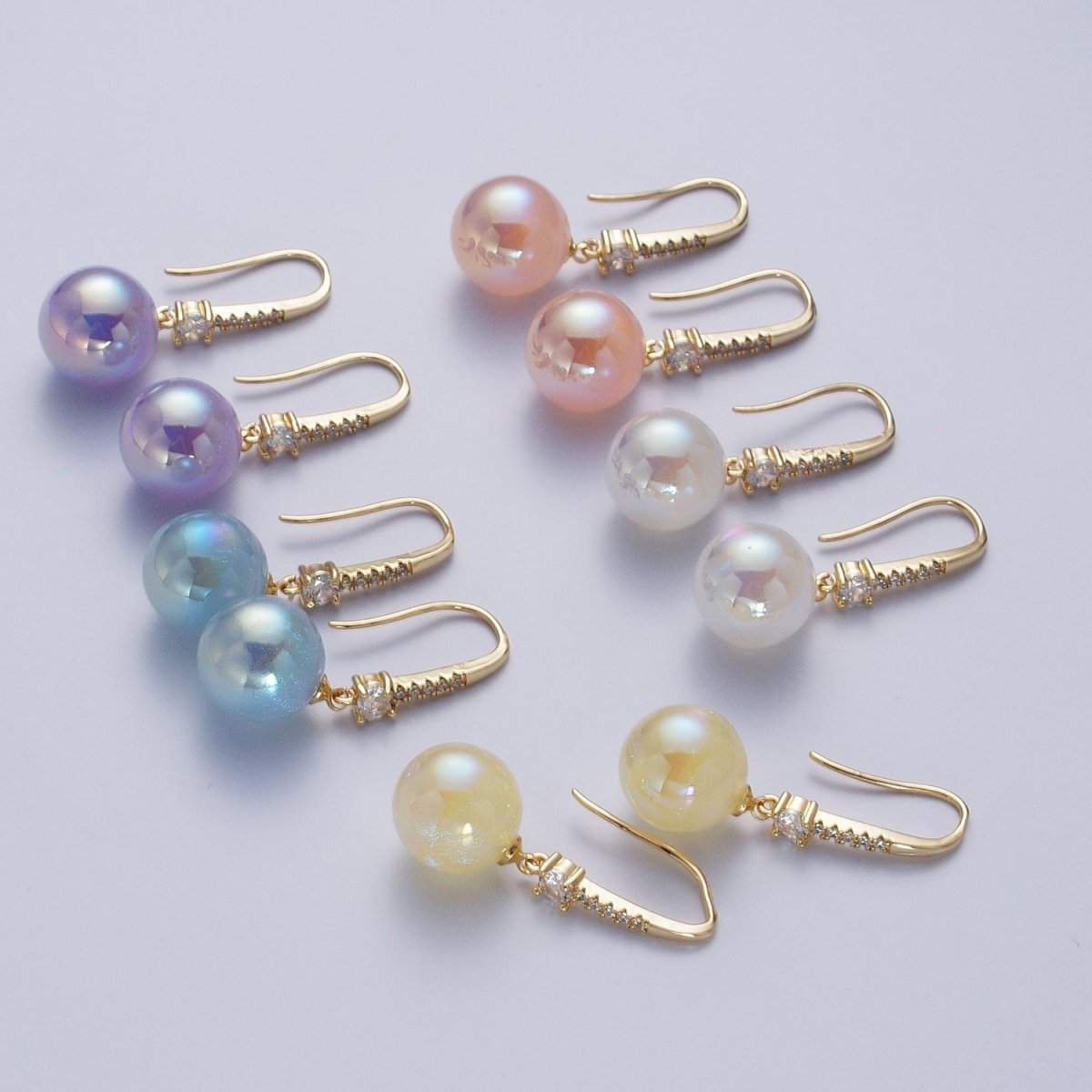 24K Gold-Filled Micro Pave CZ Dangle Earrings with Round Ball Pastel Color Drop Pearl