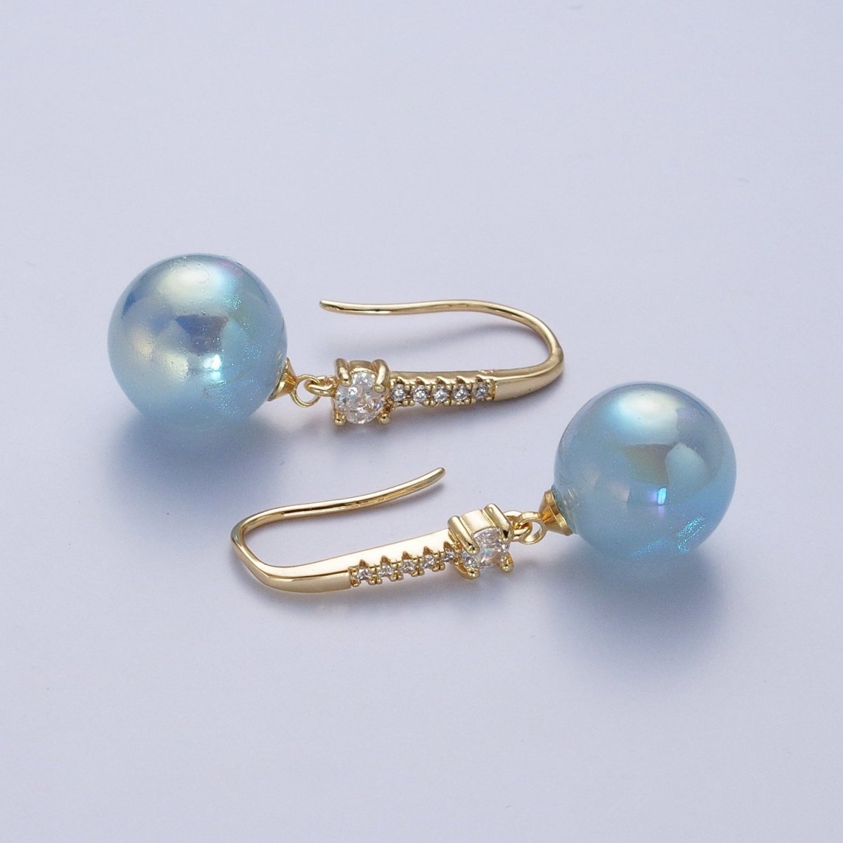 24K Gold-Filled Micro Pave CZ Dangle Earrings with Round Ball Pastel Color Drop Pearl