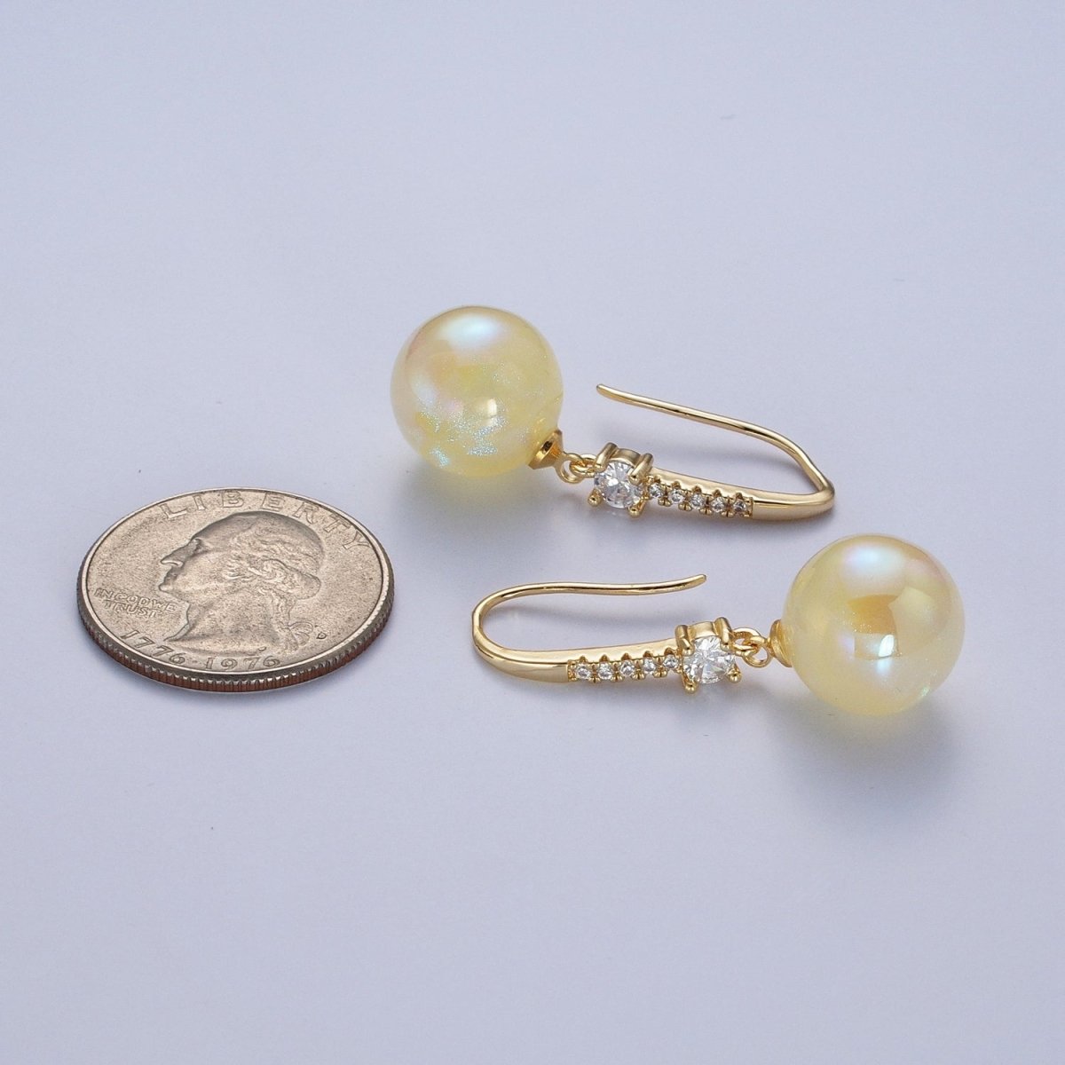 24K Gold-Filled Micro Pave CZ Dangle Earrings with Round Ball Pastel Color Drop Pearl