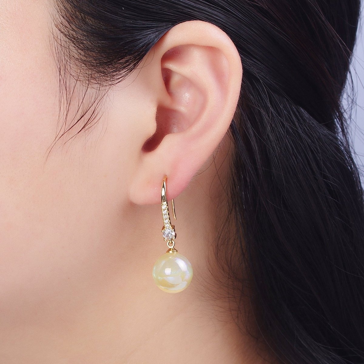 24K Gold-Filled Micro Pave CZ Dangle Earrings with Round Ball Pastel Color Drop Pearl