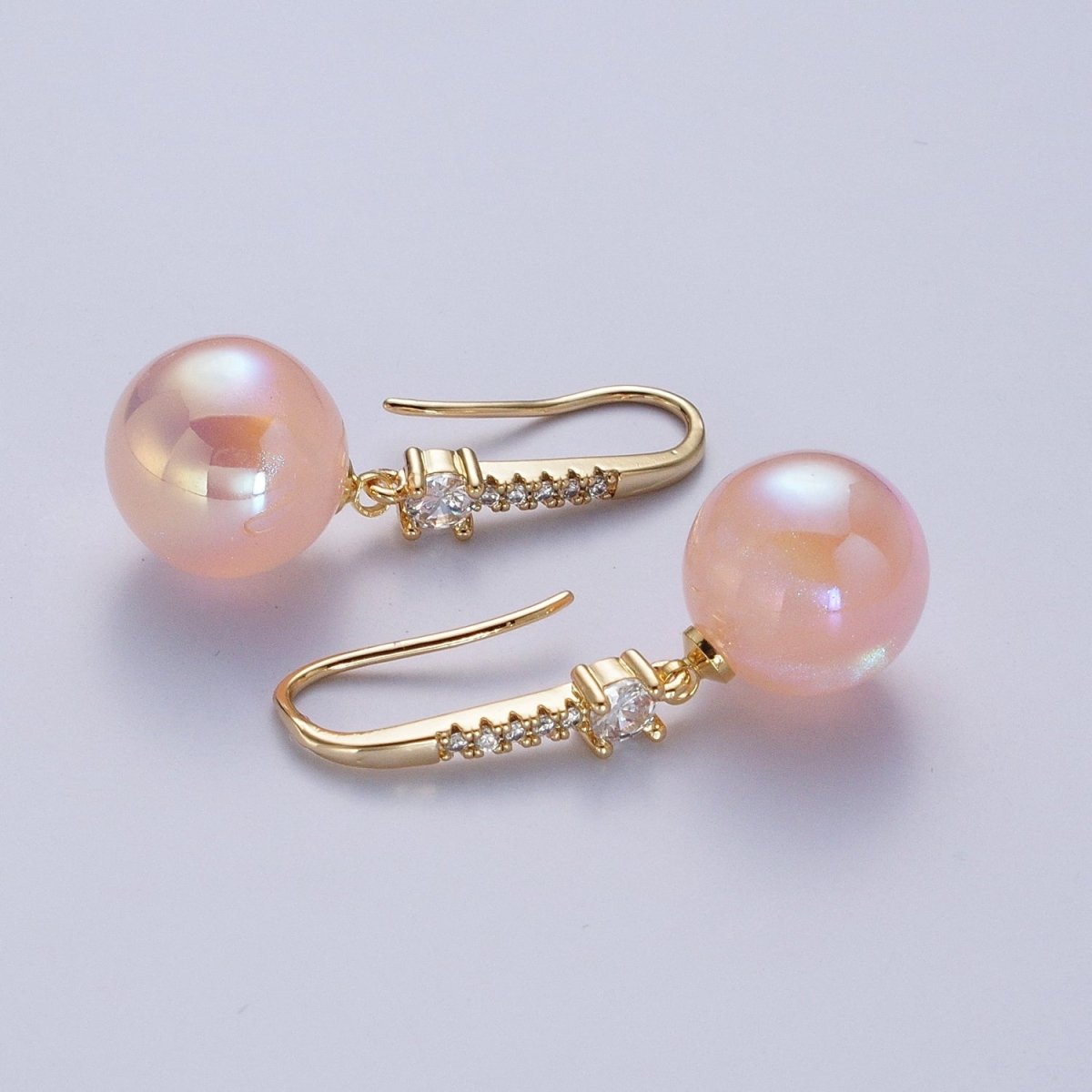 24K Gold-Filled Micro Pave CZ Dangle Earrings with Round Ball Pastel Color Drop Pearl