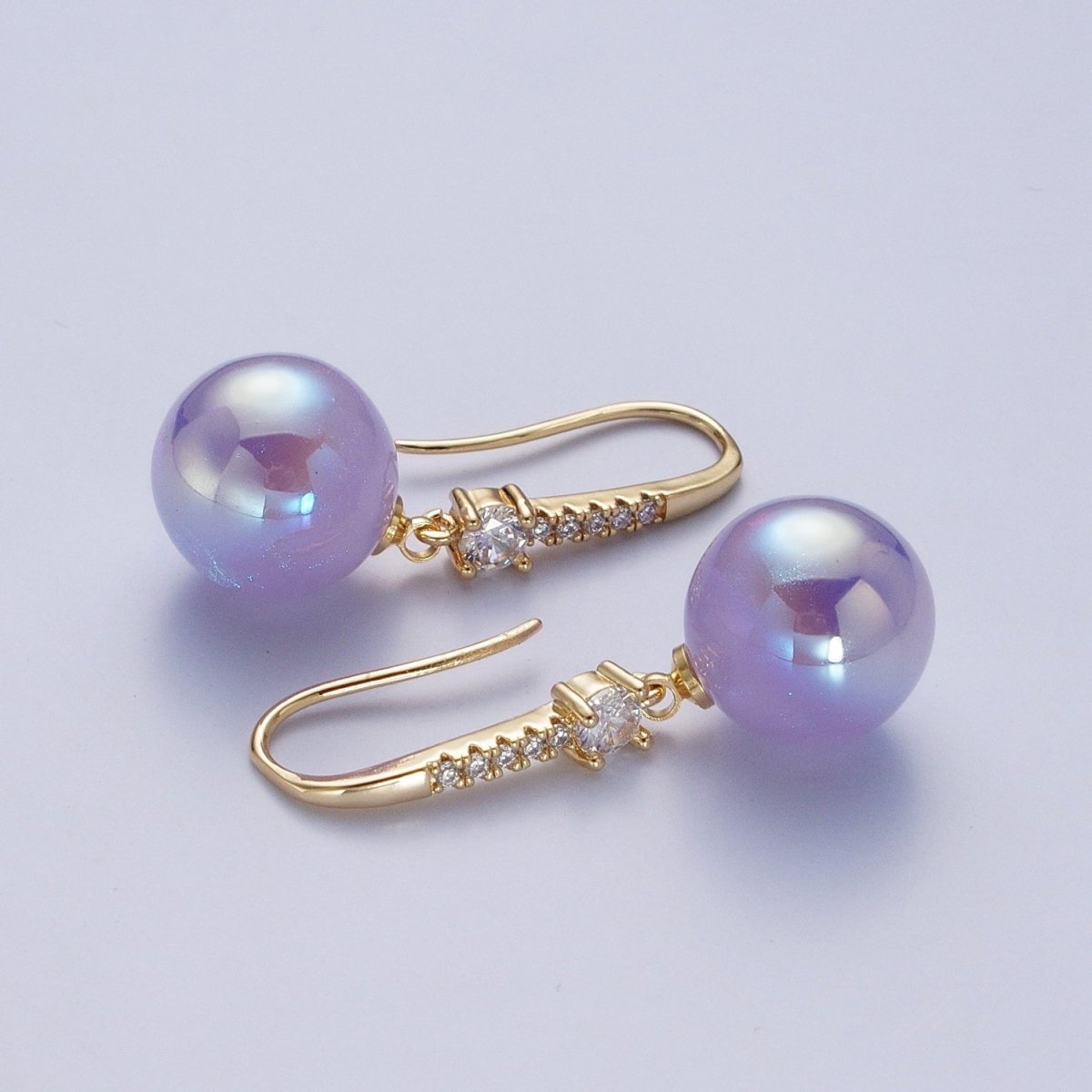 24K Gold-Filled Micro Pave CZ Dangle Earrings with Round Ball Pastel Color Drop Pearl