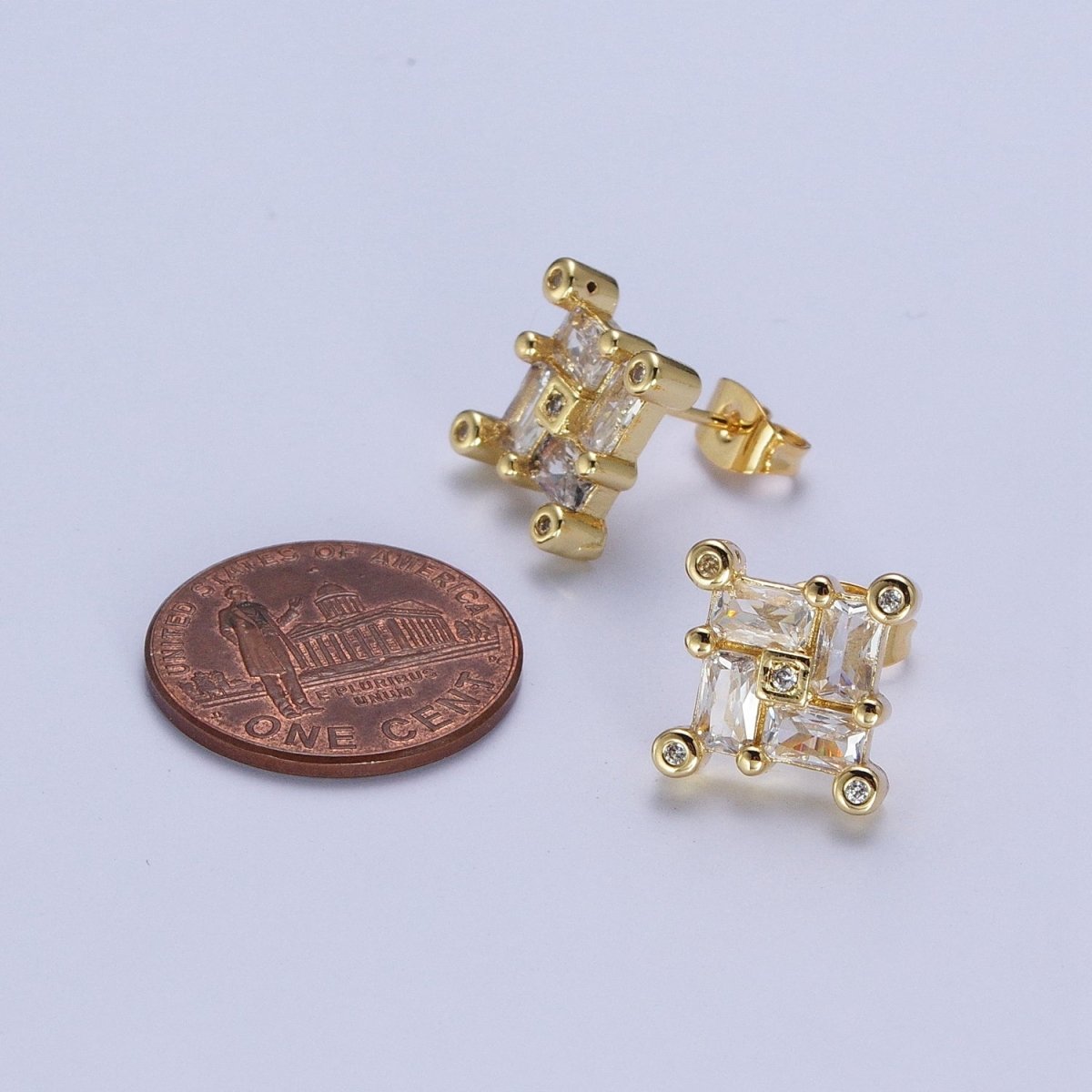 24K Gold-Filled Micro Pave CZ Stud Earrings Baguette Colorful Cubic Zirconia Earrings