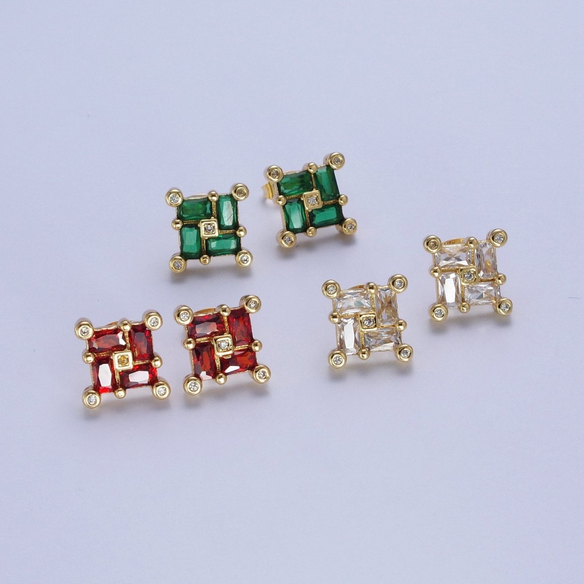 24K Gold-Filled Micro Pave CZ Stud Earrings Baguette Colorful Cubic Zirconia Earrings