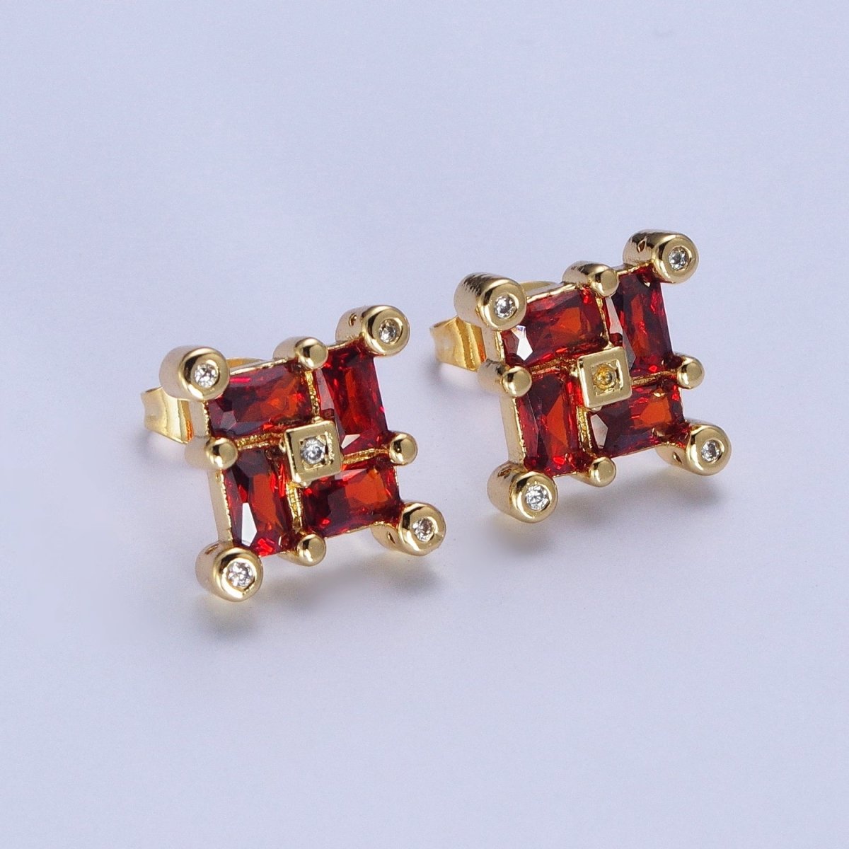 24K Gold-Filled Micro Pave CZ Stud Earrings Baguette Colorful Cubic Zirconia Earrings
