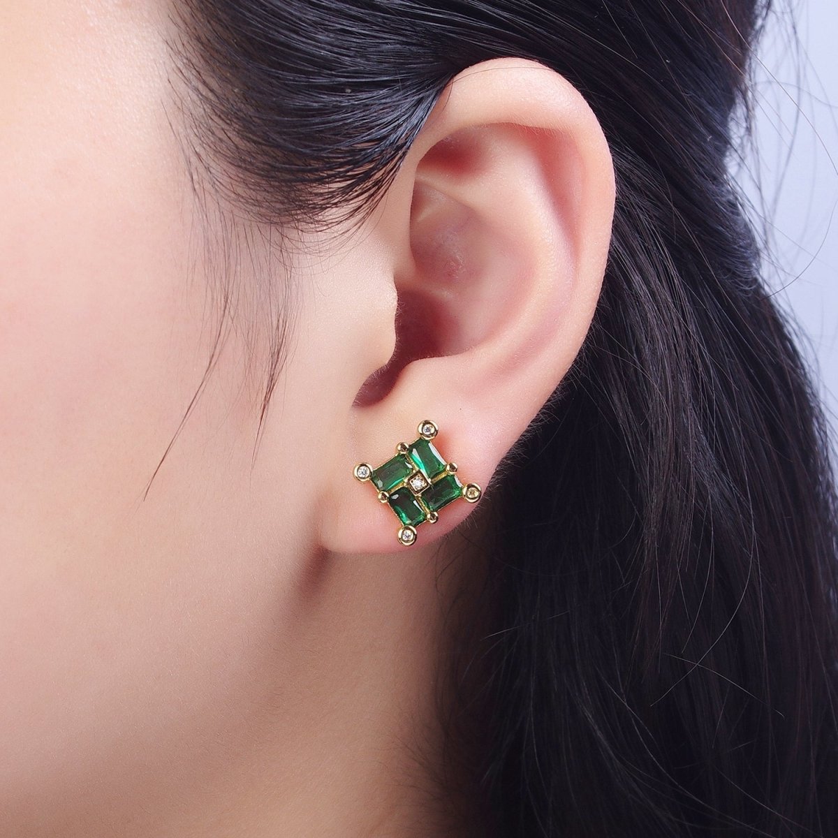24K Gold-Filled Micro Pave CZ Stud Earrings Baguette Colorful Cubic Zirconia Earrings