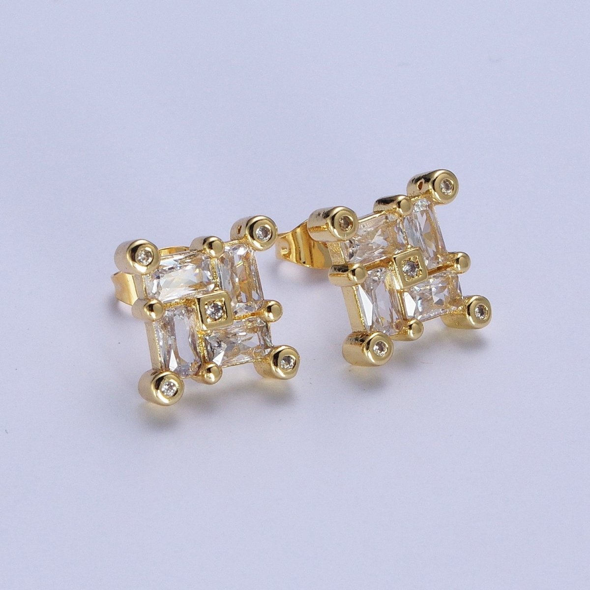 24K Gold-Filled Micro Pave CZ Stud Earrings Baguette Colorful Cubic Zirconia Earrings