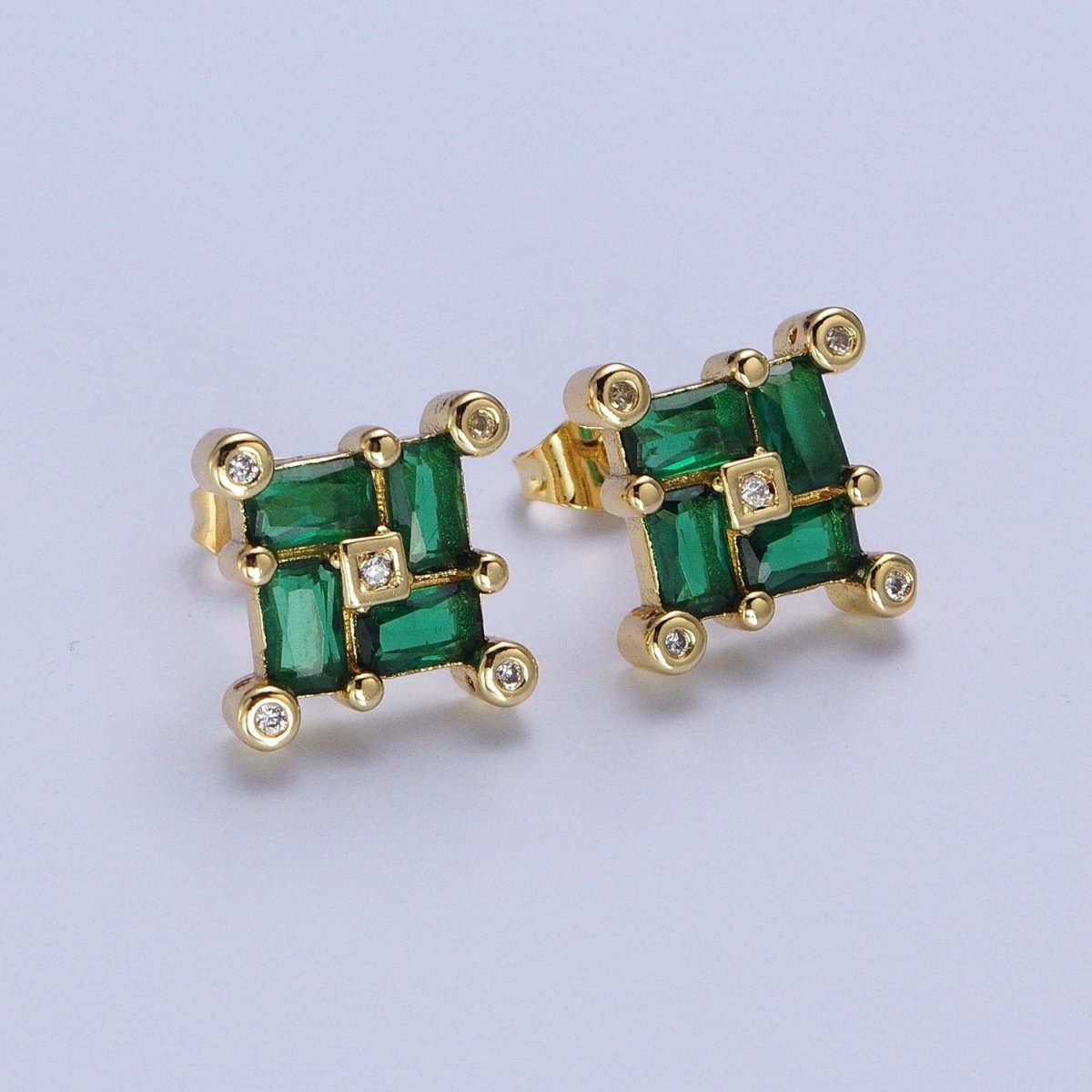 24K Gold-Filled Micro Pave CZ Stud Earrings Baguette Colorful Cubic Zirconia Earrings