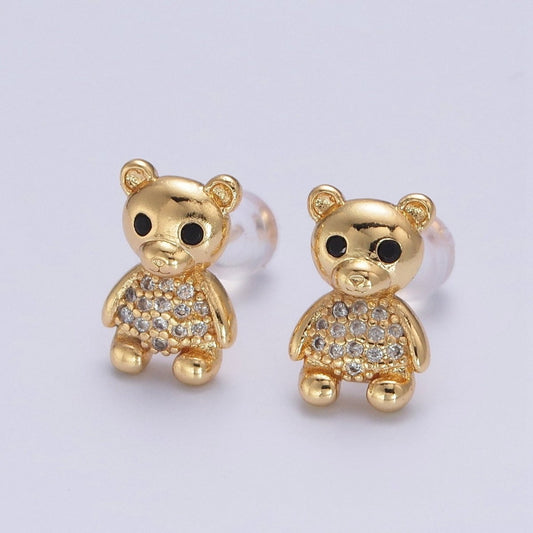 Sweet 24K Gold Filled Micro Pave Gold Teddy Bear Stud Earrings