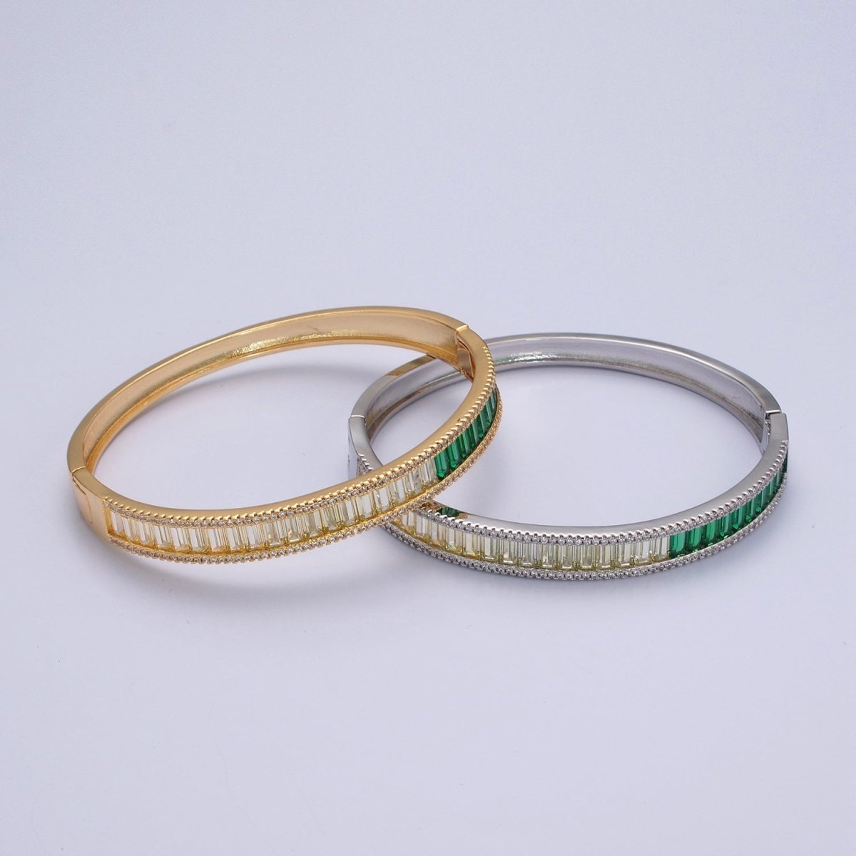 24K Gold Filled Micro Pave Gradient Green Baguette Bangle Bracelet in Gold and Silver