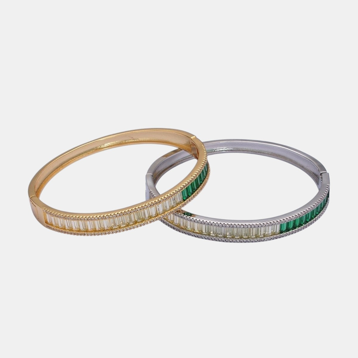 24K Gold Filled Micro Pave Gradient Green Baguette Bangle Bracelet in Gold and Silver