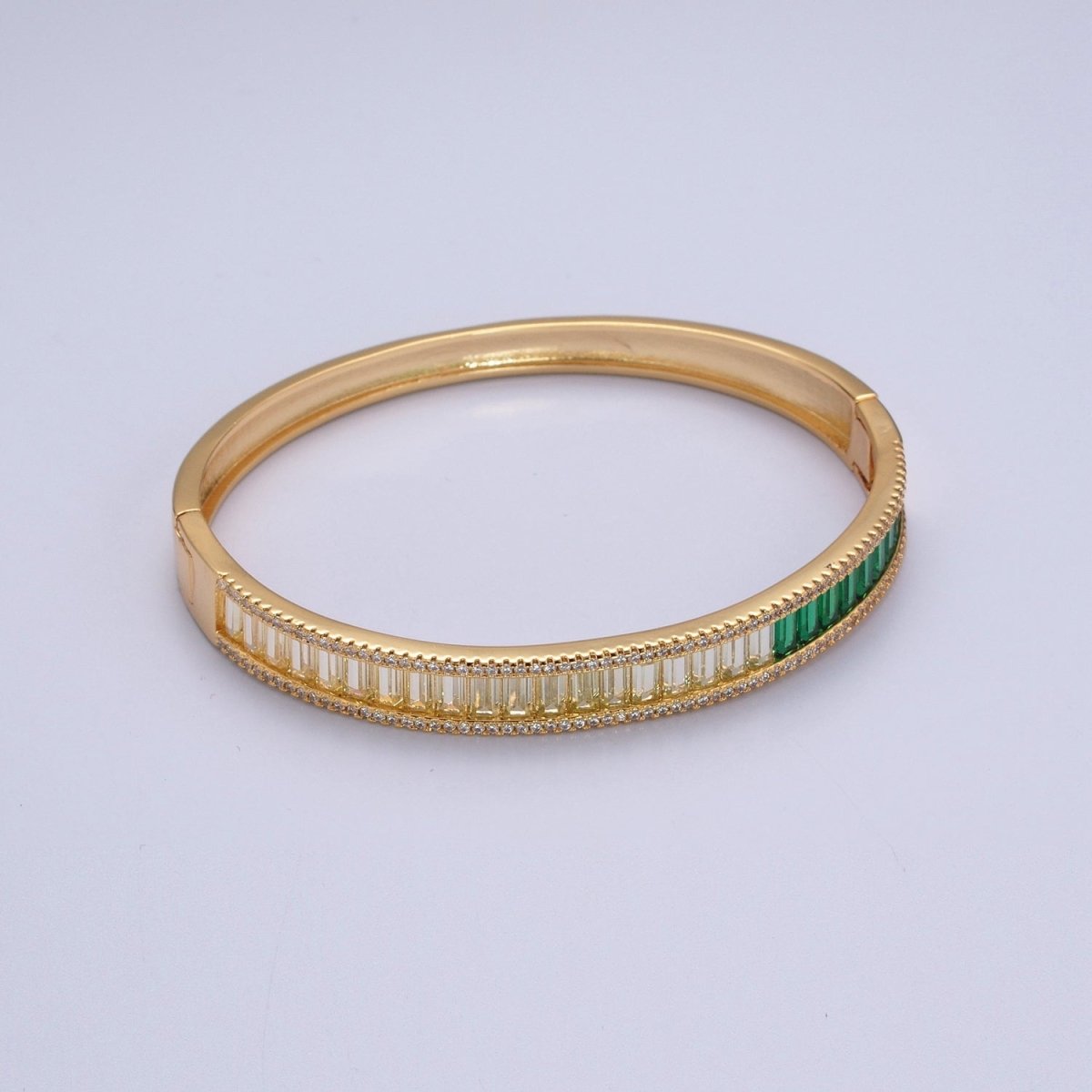 24K Gold Filled Micro Pave Gradient Green Baguette Bangle Bracelet in Gold and Silver