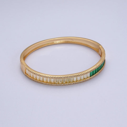 24K Gold Filled Micro Pave Gradient Green Baguette Bangle Bracelet in Gold and Silver