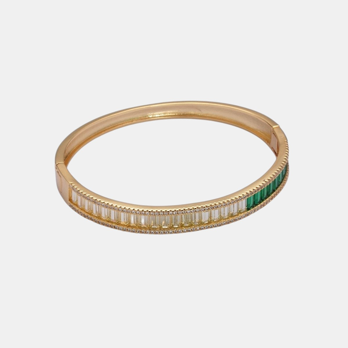 24K Gold Filled Micro Pave Gradient Green Baguette Bangle Bracelet in Gold and Silver