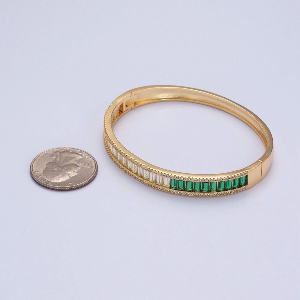 24K Gold Filled Micro Pave Gradient Green Baguette Bangle Bracelet in Gold and Silver