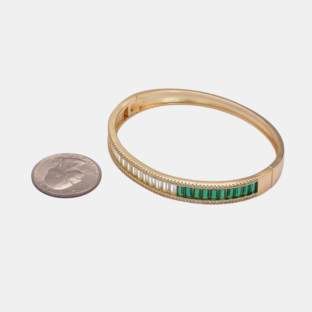 24K Gold Filled Micro Pave Gradient Green Baguette Bangle Bracelet in Gold and Silver