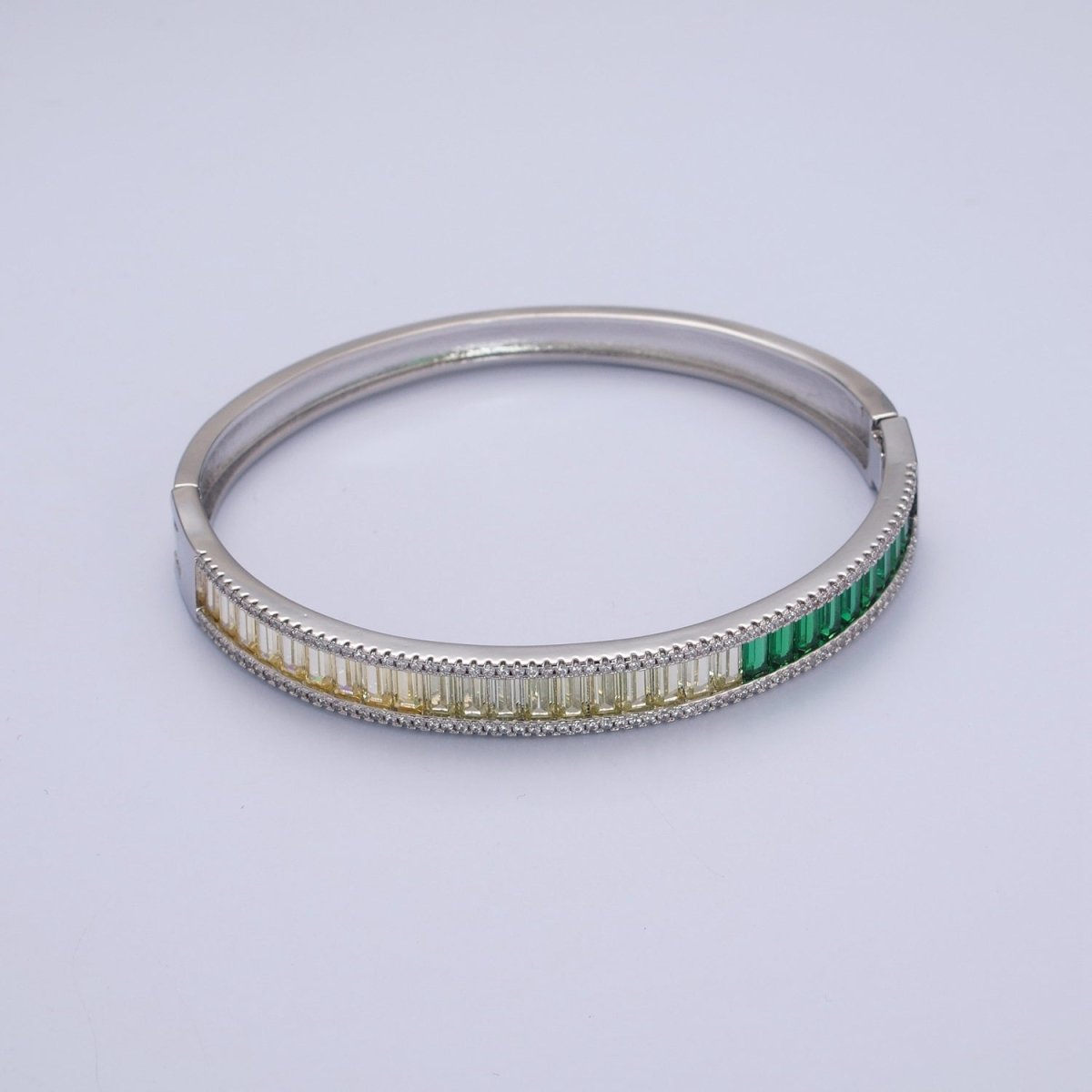 24K Gold Filled Micro Pave Gradient Green Baguette Bangle Bracelet in Gold and Silver