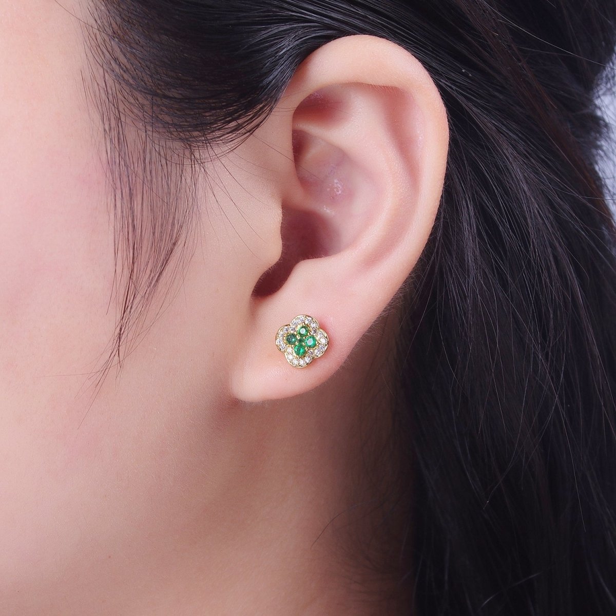 24K Gold Filled Micro Pave Green & Clear Cubic Zirconia Lucky Clover Leaf Stud Earrings