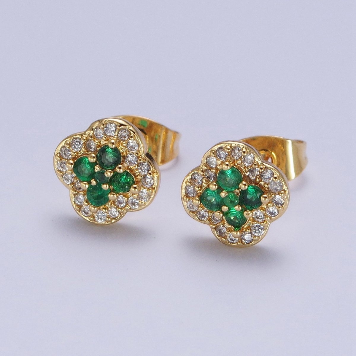 24K Gold Filled Micro Pave Green & Clear Cubic Zirconia Lucky Clover Leaf Stud Earrings