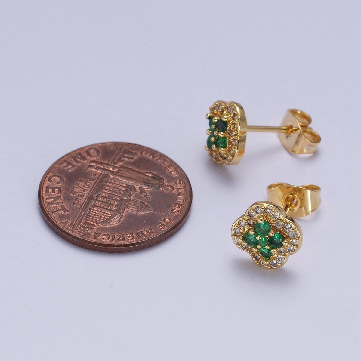24K Gold Filled Micro Pave Green & Clear Cubic Zirconia Lucky Clover Leaf Stud Earrings