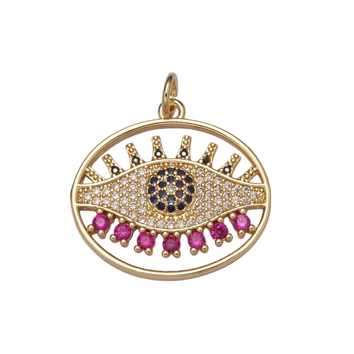 24K Gold Filled 25mm Micro Pave Fuchsia CZ Evil Eye Amulet Protection Charm