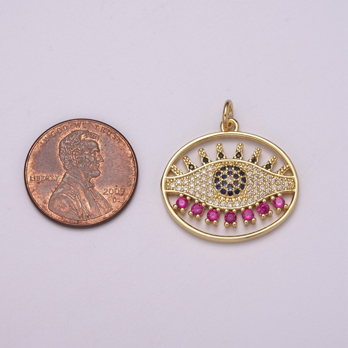 24K Gold Filled 25mm Micro Pave Fuchsia CZ Evil Eye Amulet Protection Charm