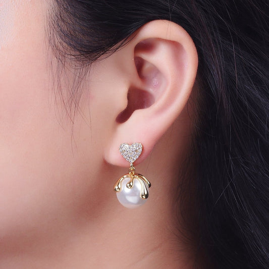24K Gold Filled Micro Pave CZ Heart Love Drop Round White Pearl Geometric Drip Stud Earrings