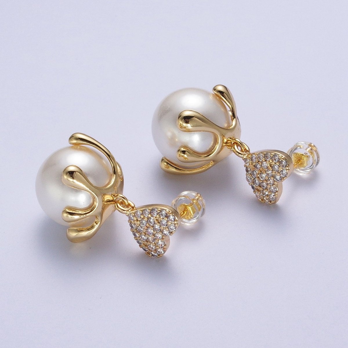24K Gold Filled Micro Pave CZ Heart Love Drop Round White Pearl Geometric Drip Stud Earrings