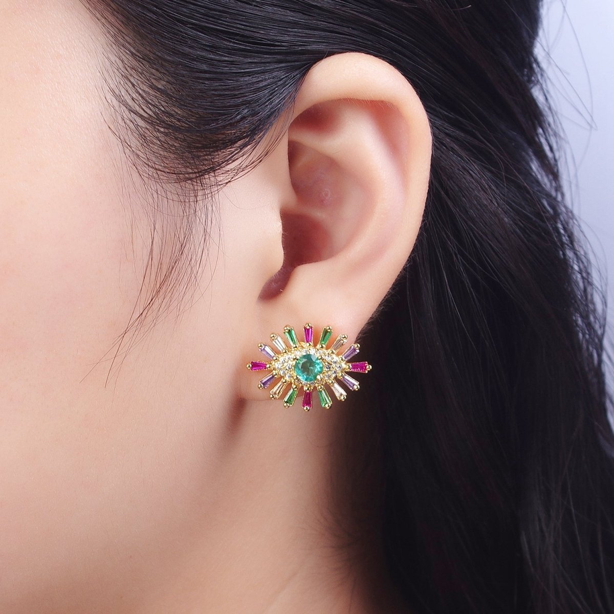 24K Gold Filled Micro Pave Eye of Ra Multicolor Baguette Cubic Zirconia Protection Stud Earrings